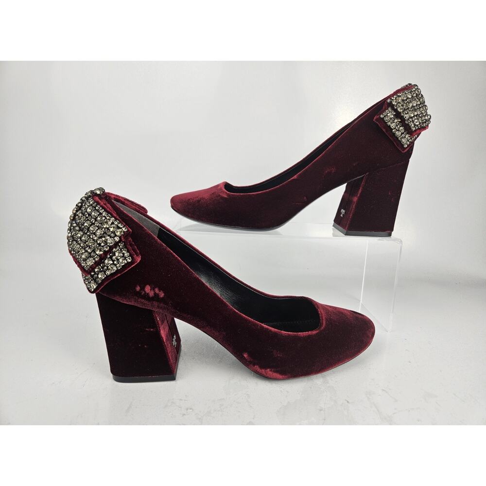 Tory Burch Size 7.5 Josephine Women's Velvet Pump‎ Rhinestone Bow, Bordeaux